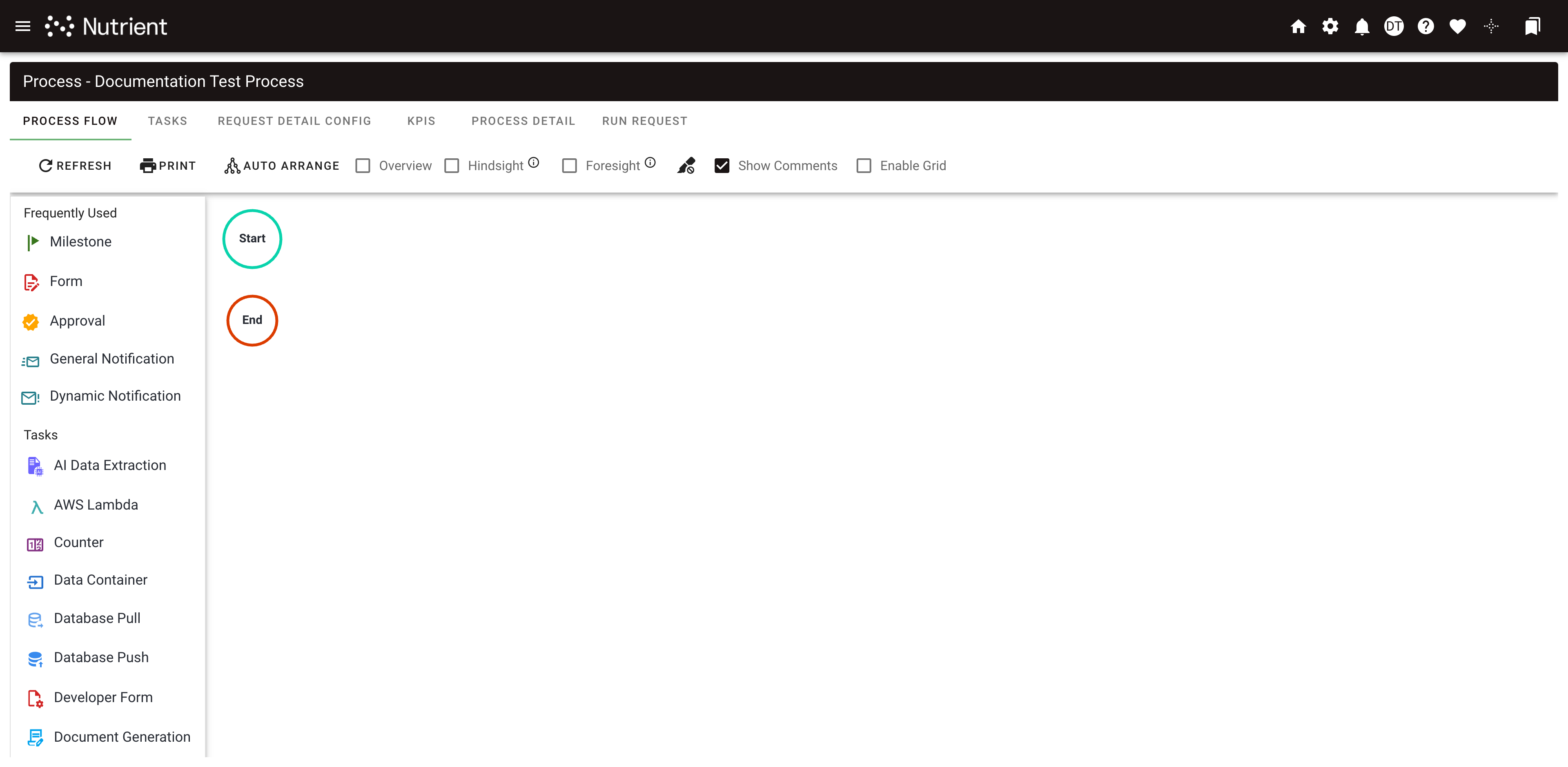 Process Flow builder view showing Start and End nodes with task palette