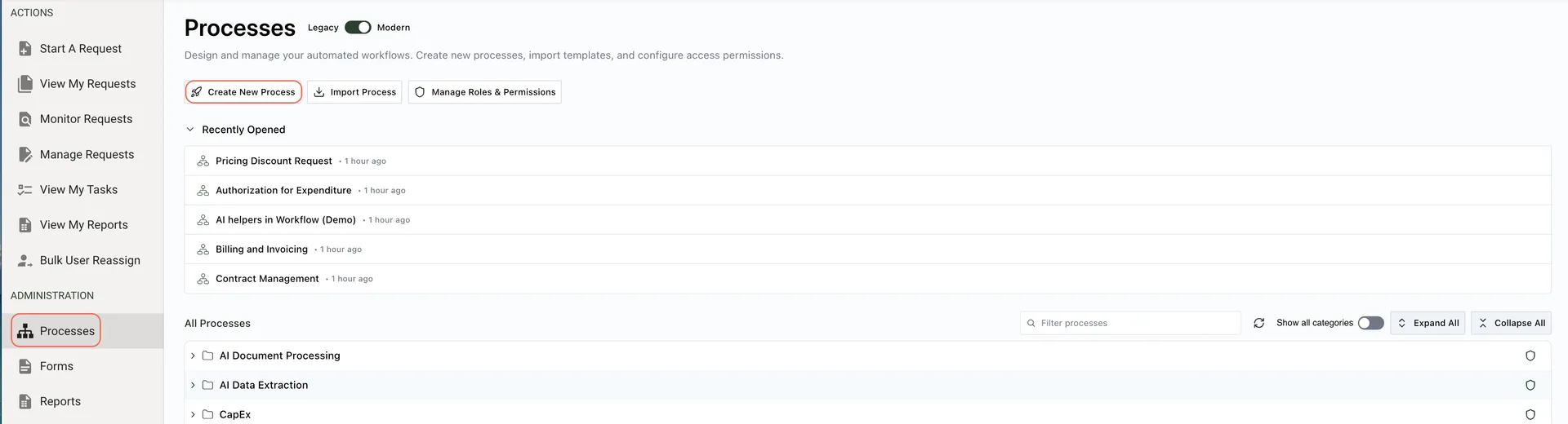 Process library main interface showing available processes