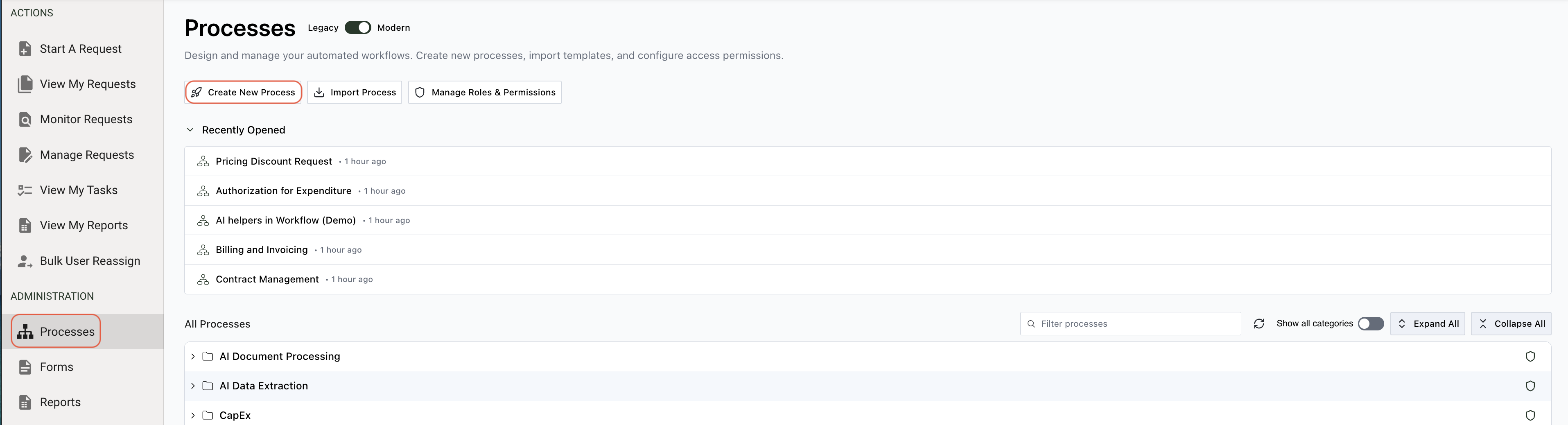 Process library main interface showing available processes