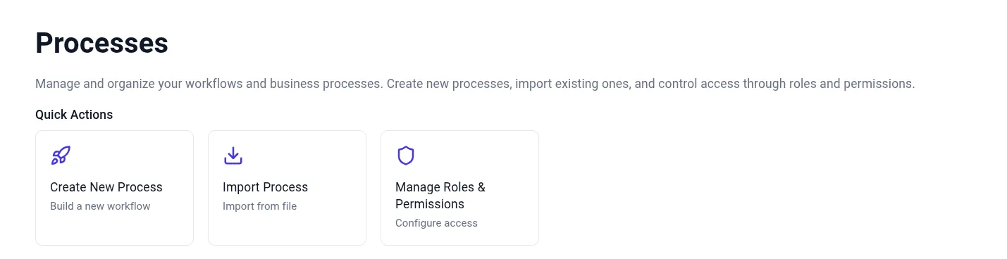 Quick actions menu with create, import, and manage options