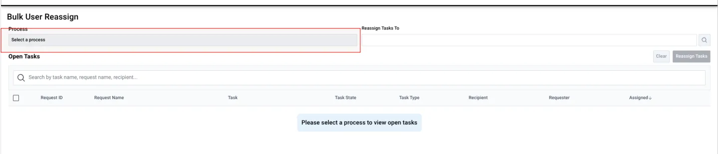 Bulk User Reassignment interface showing the Select Process button to trigger the process selection dialog