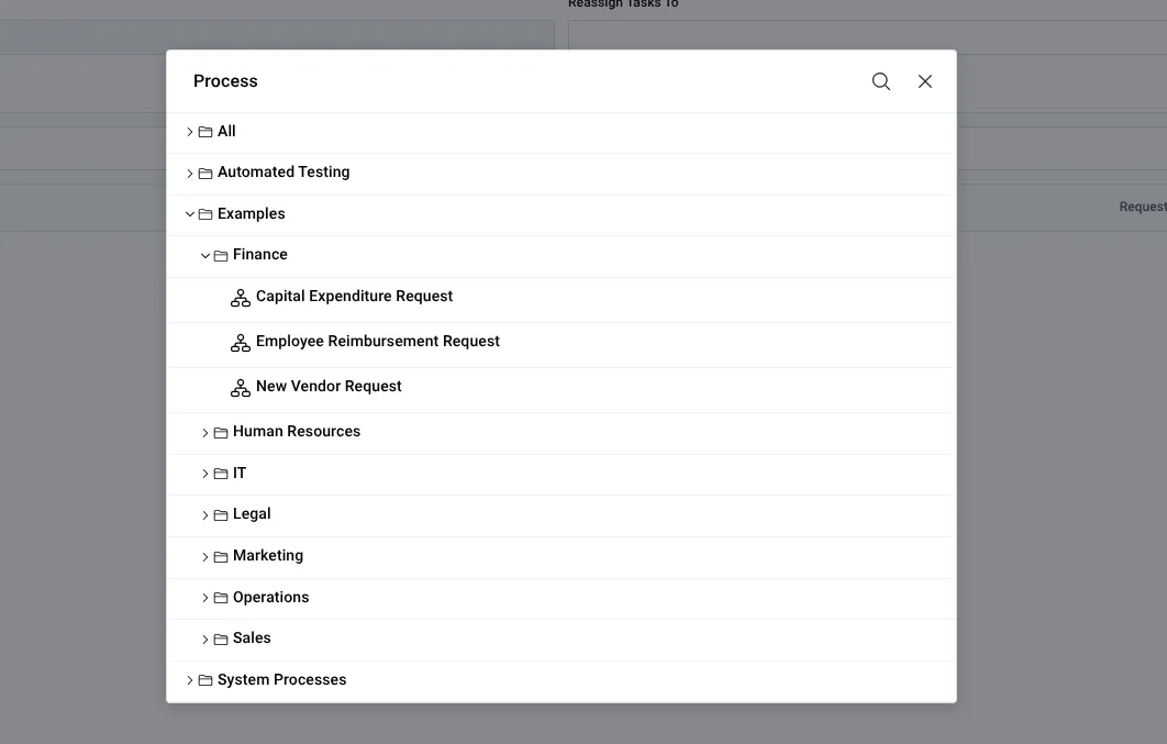 Process selection dialog displaying a list of available processes with reassign permissions