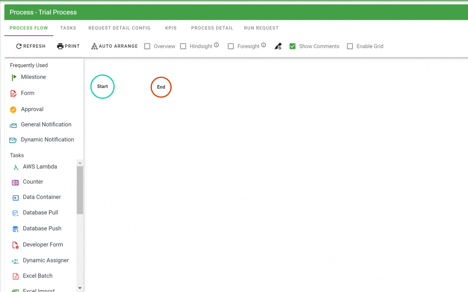 Blank Process Builder canvas with Start and End tasks