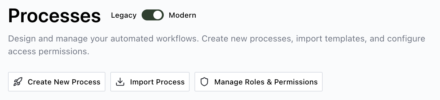 Processes page showing Quick Actions with Create New Process option
