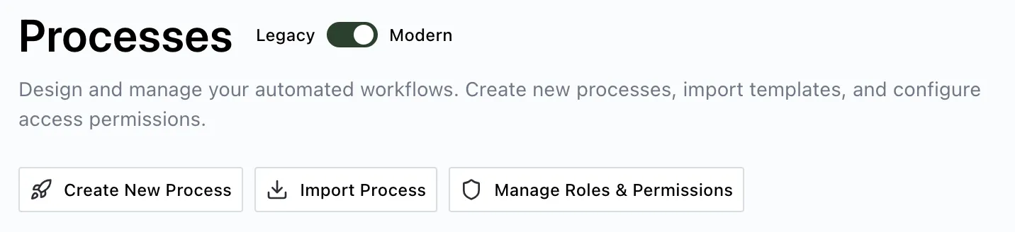 Processes page showing Quick Actions with Create New Process option