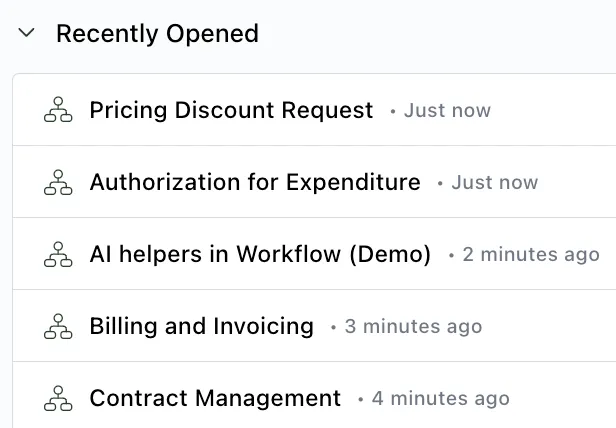 Recently opened processes section displaying recent workflow processes