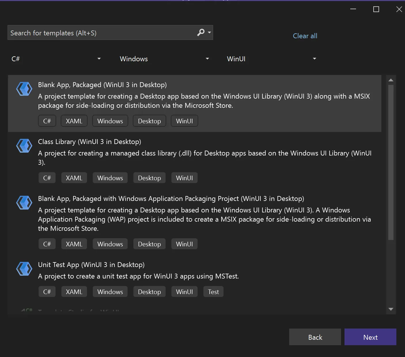 Visual Studio new project dialog with Blank App Packaged WinUI 3 selected