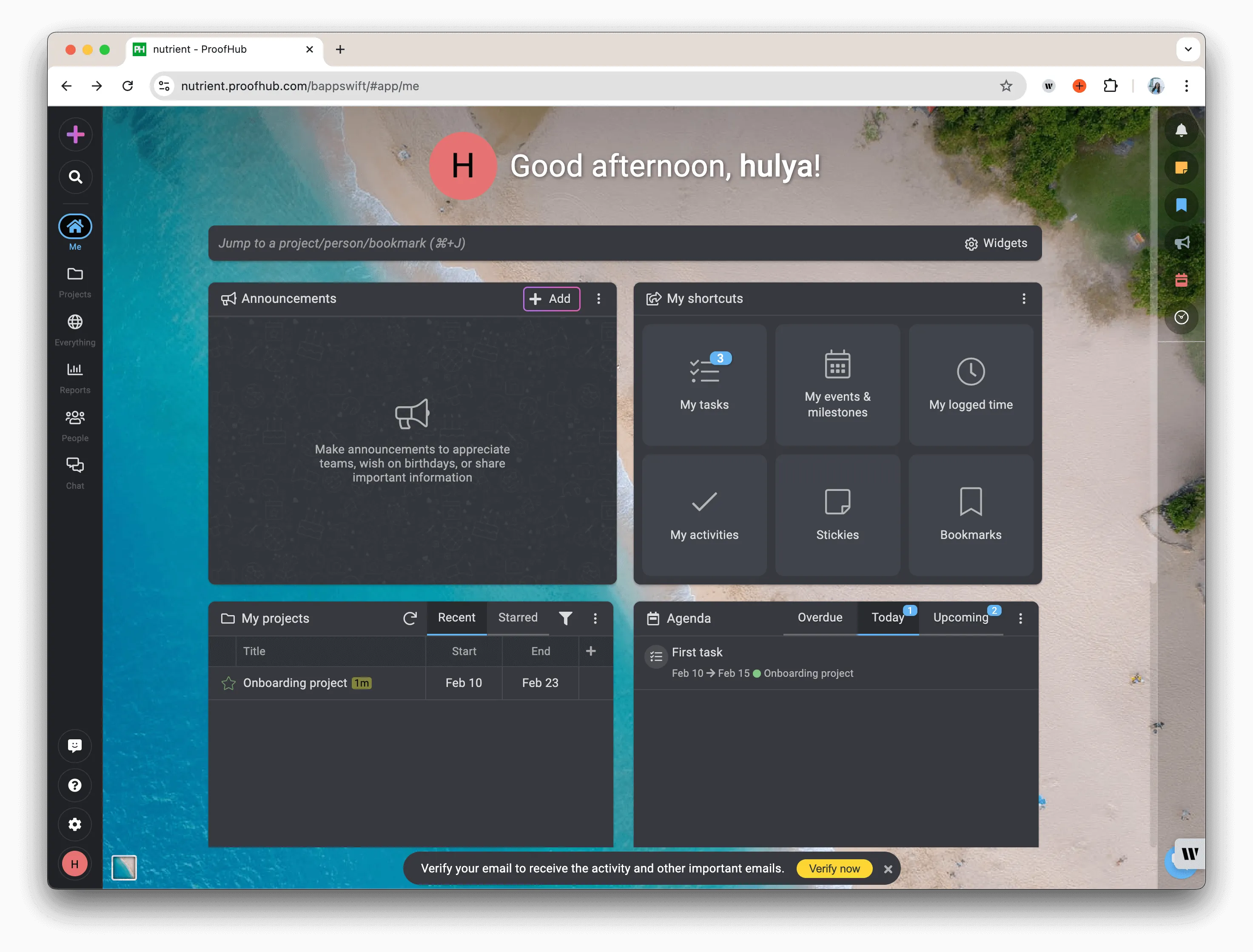 Screenshot of the ProofHub interface displaying its main dashboard and features.