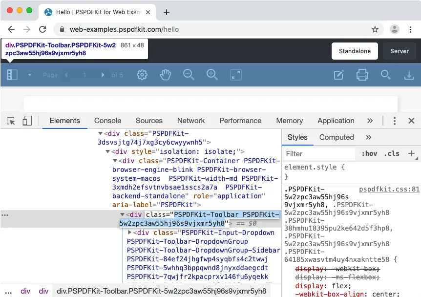 Screenshot showing the public CSS classes on the elements