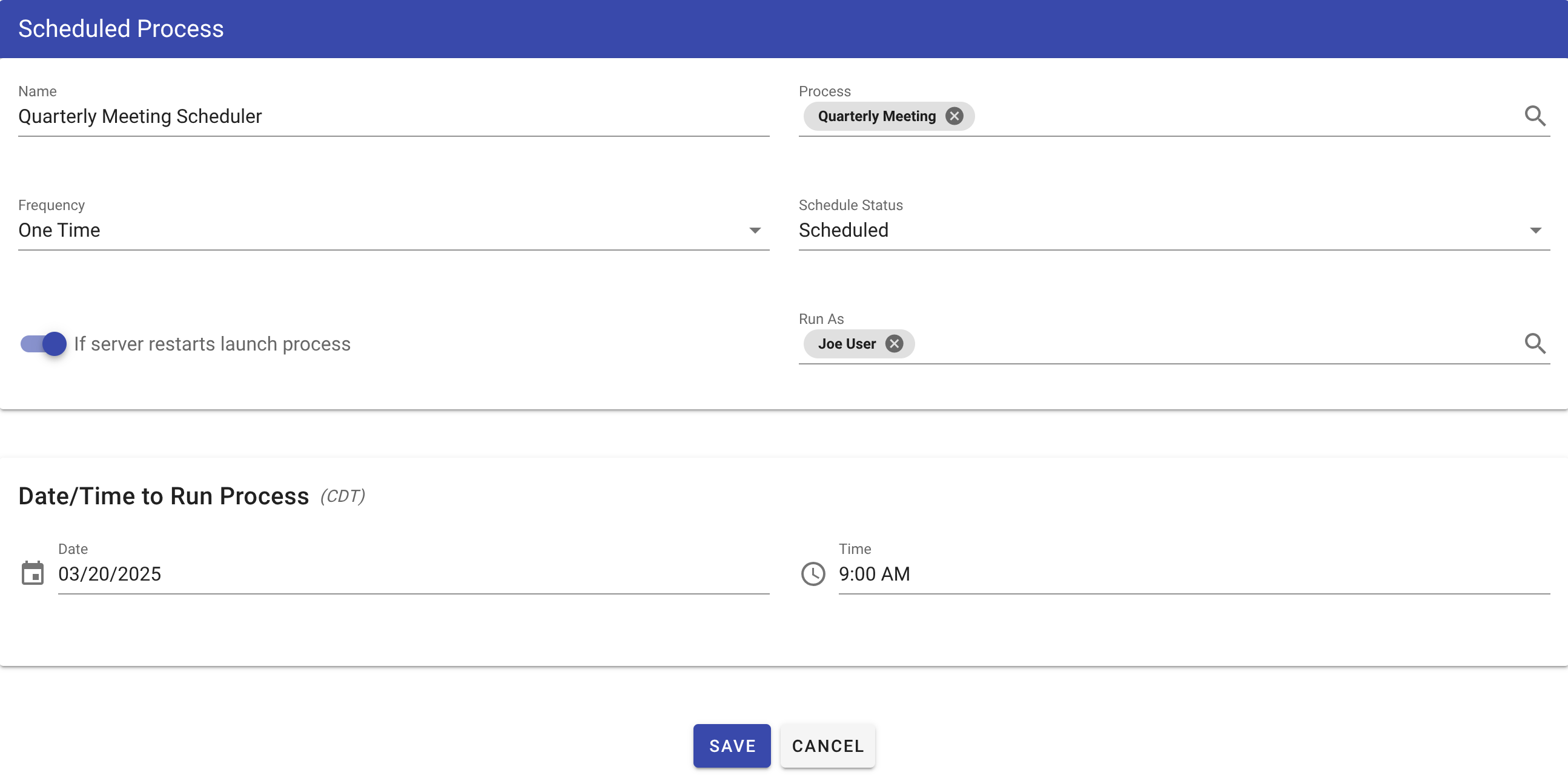 Scheduler set to run one time on March 20th