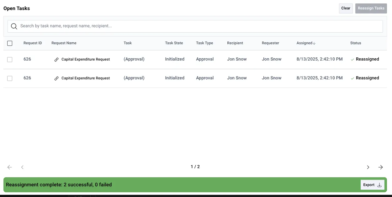 Completed reassignment results screen with export log option button for downloading reassignment history