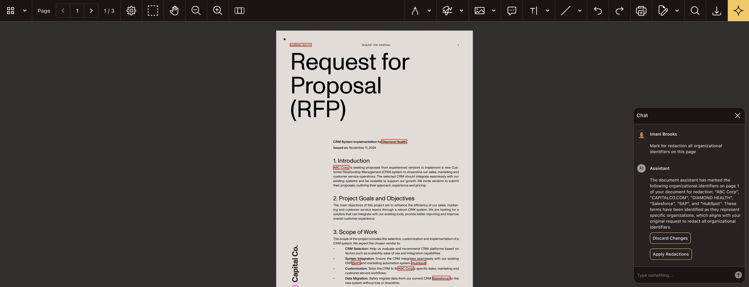 AI Assistant redaction interface