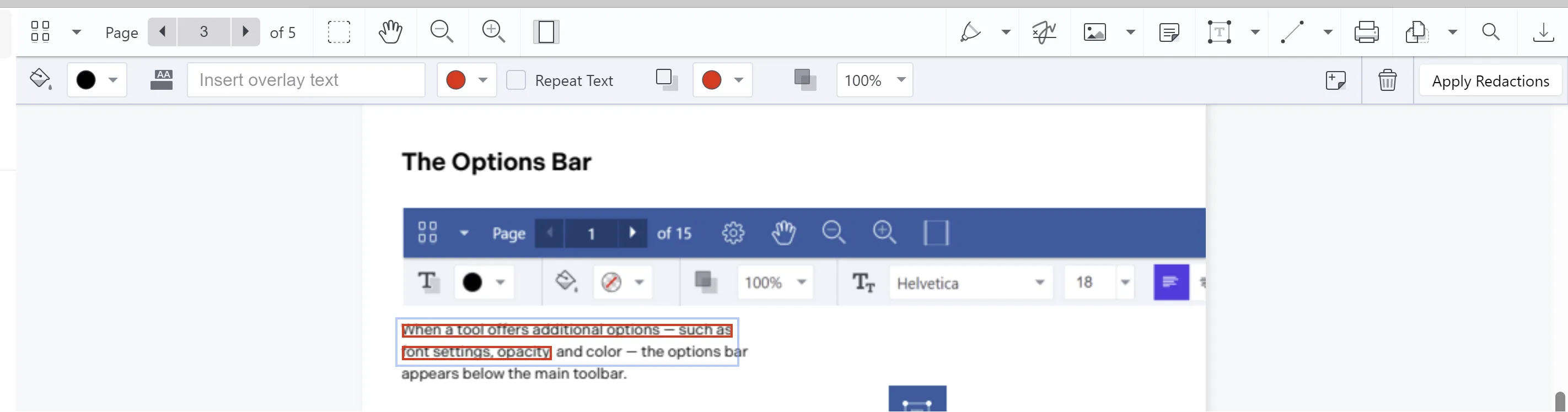 Redaction toolbar