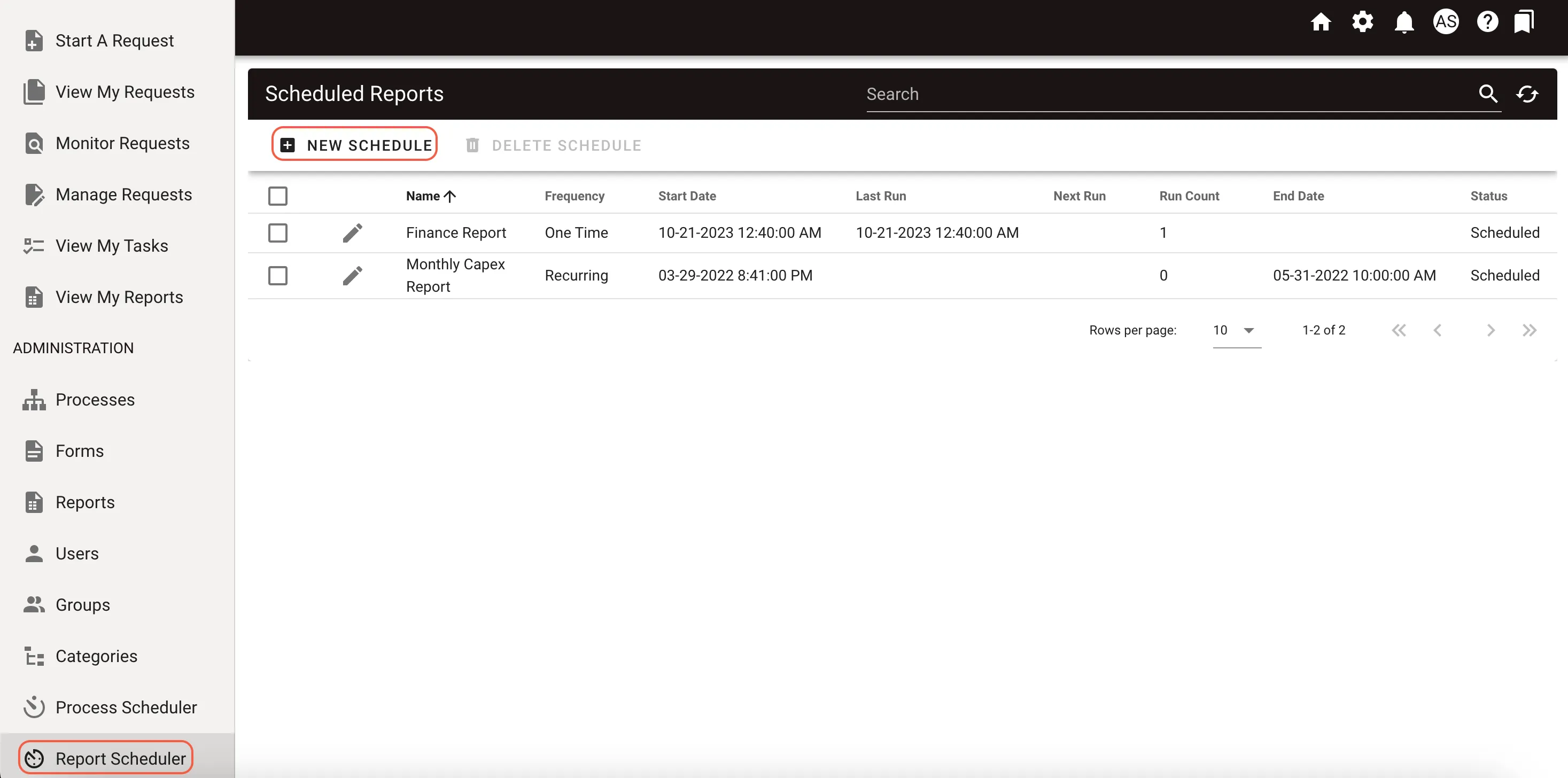 Report Scheduler interface showing New Schedule button and list of configured schedules