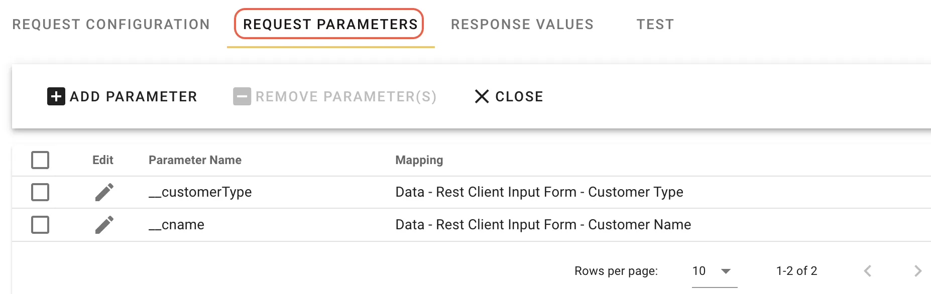 Request Parameters tab with supplierName, supplierType, and contactEmail variable mappings
