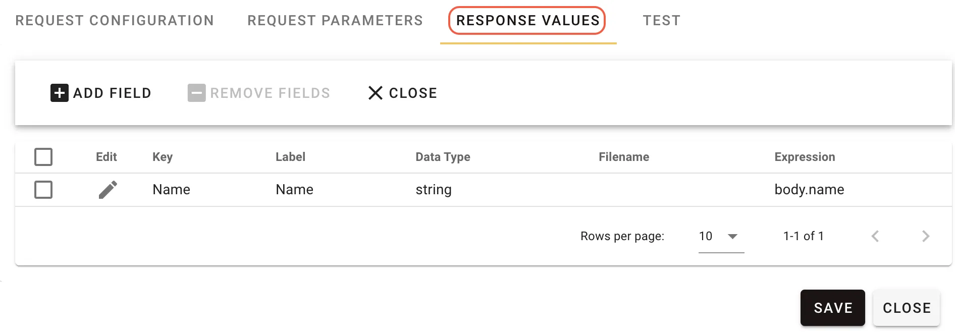 Response Values tab configuration for extracting a value from the response body