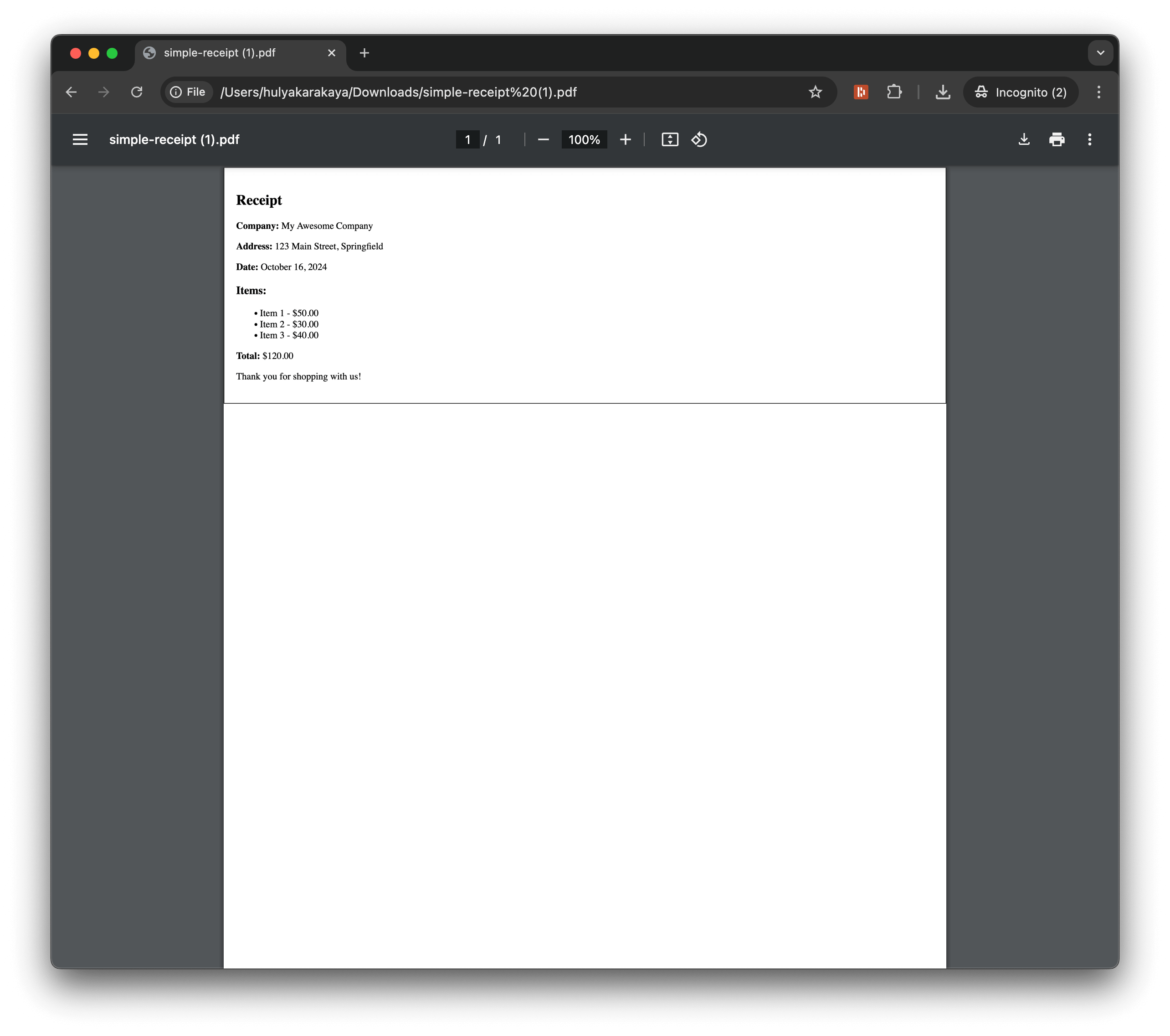 Generated React PDF output file