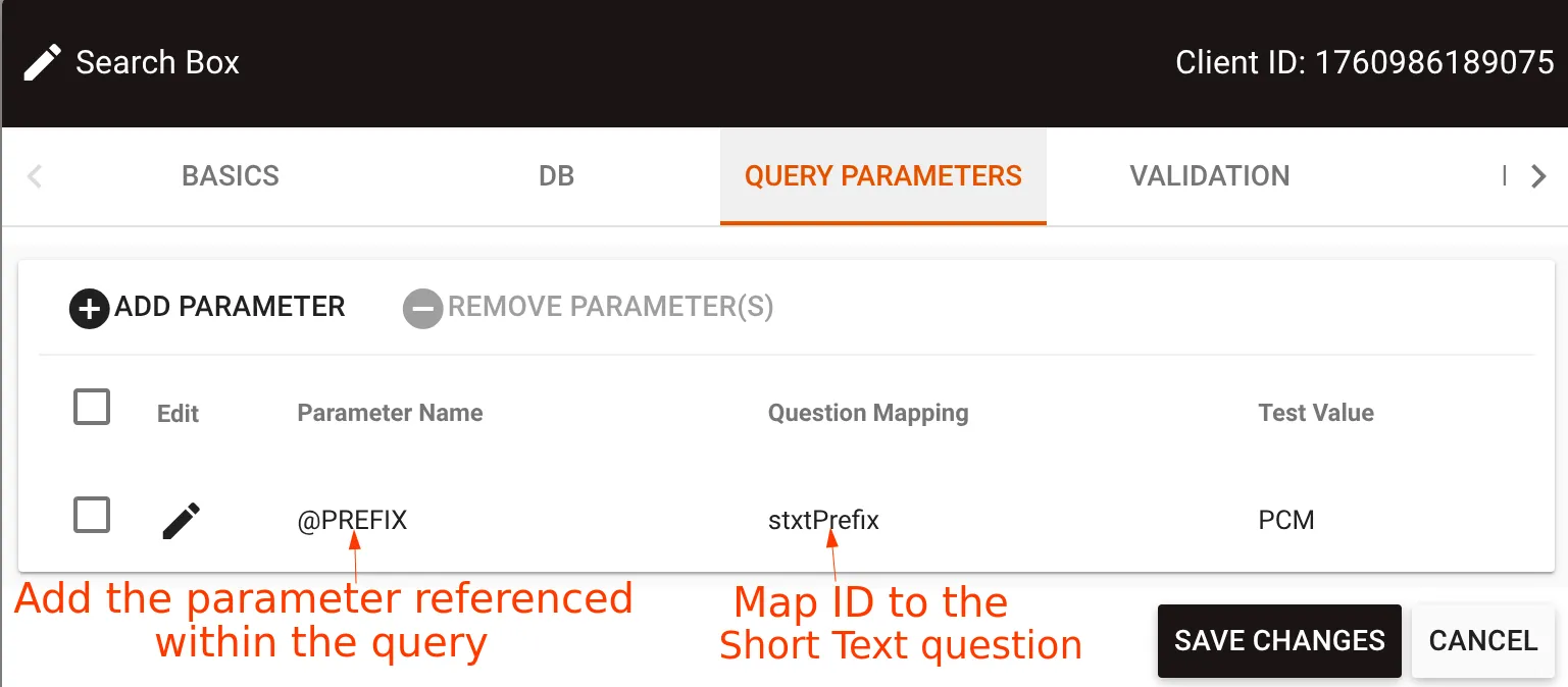 Add Parameter dialog with parameter name and Question Mapping