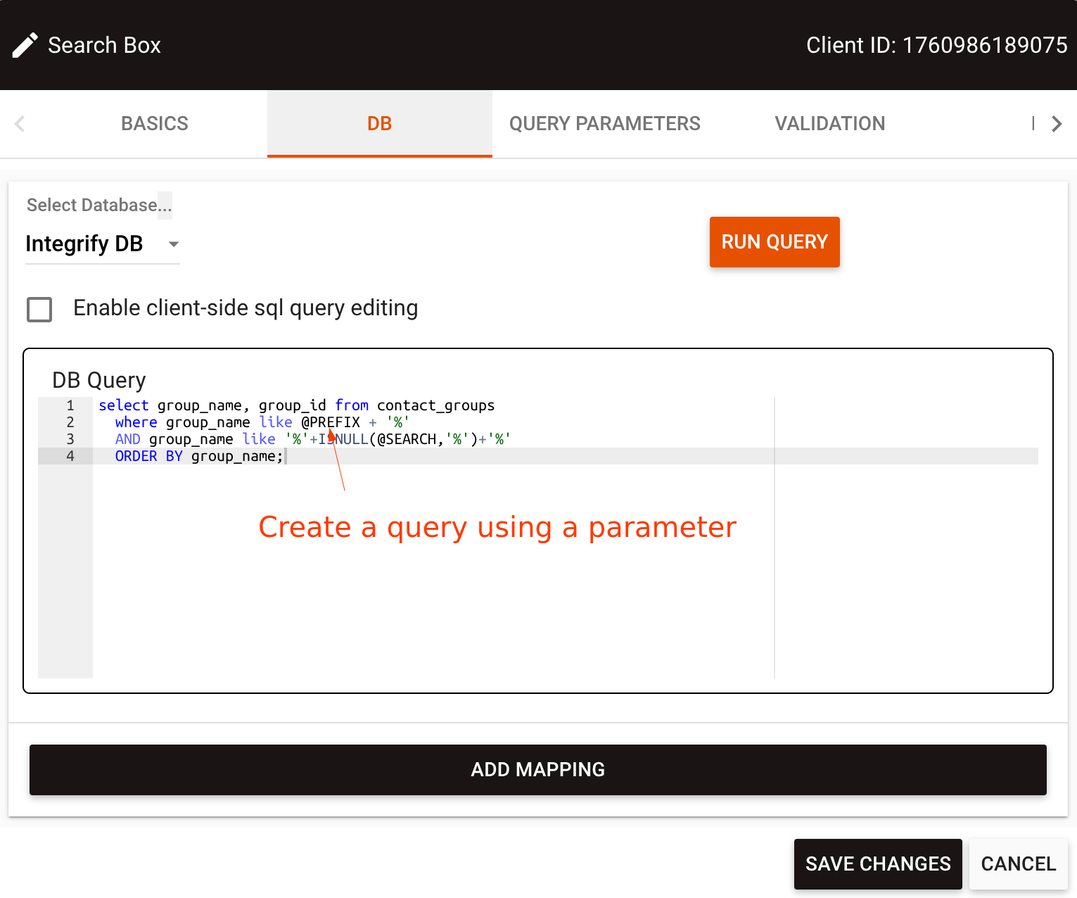 DB menu option with query configuration