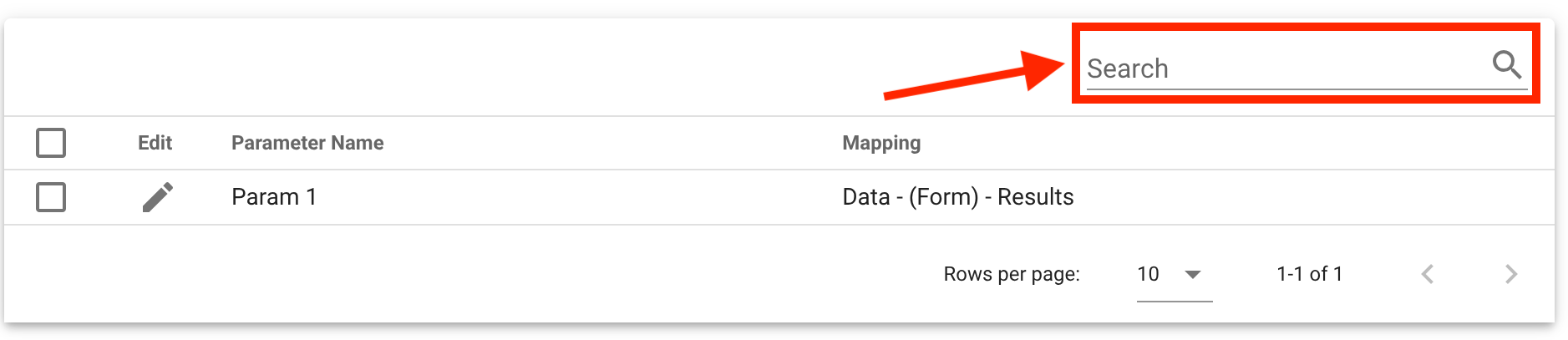 Search field at the top of a configuration table