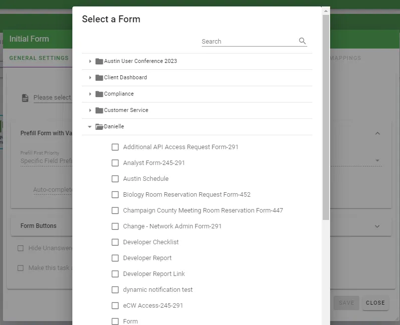 Form selection dropdown menu