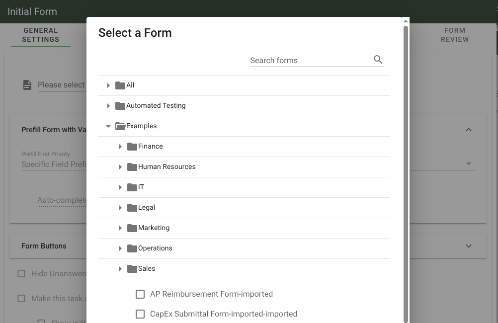 Form selection dropdown menu