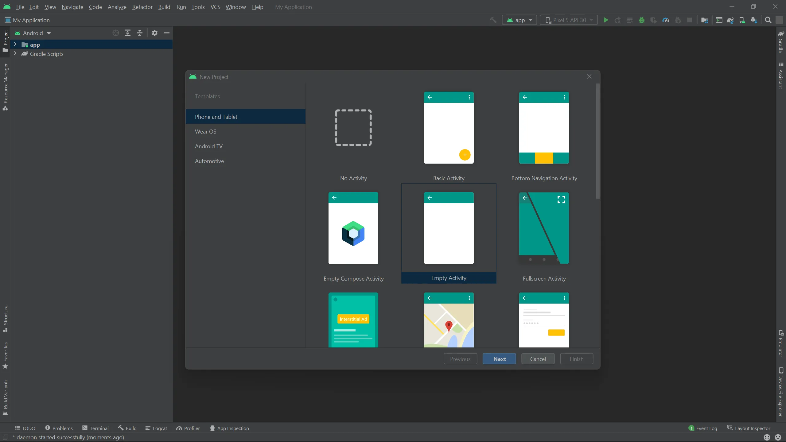 Image showing a menu in Android Studio that lets the user choose an activity