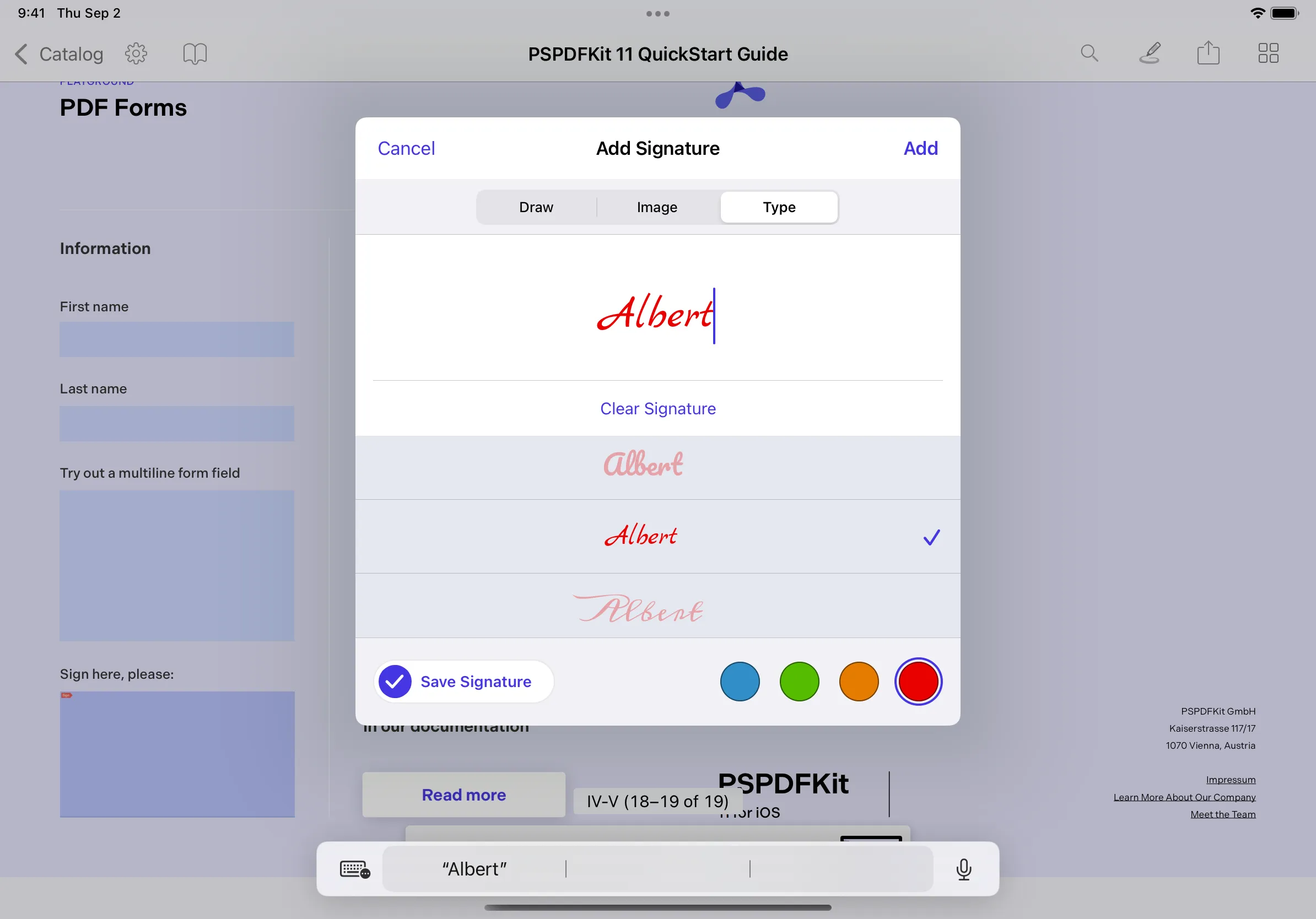 Screenshot showing typing the signature Albert with red, orange, green, and blue color options