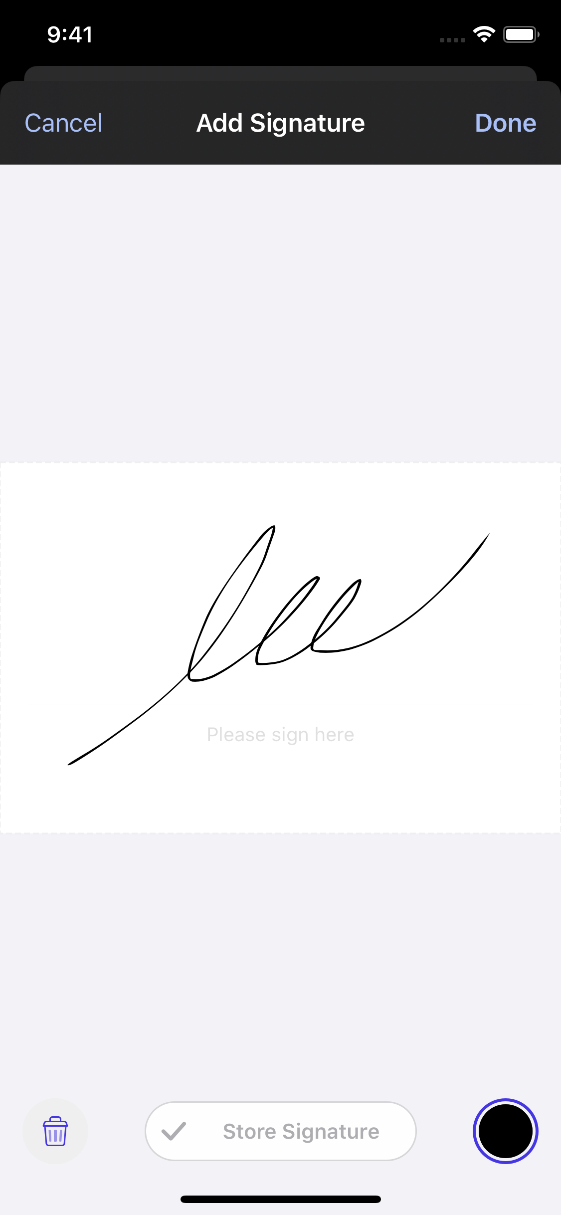 Previous Signature UI in Dark Mode - Yellow