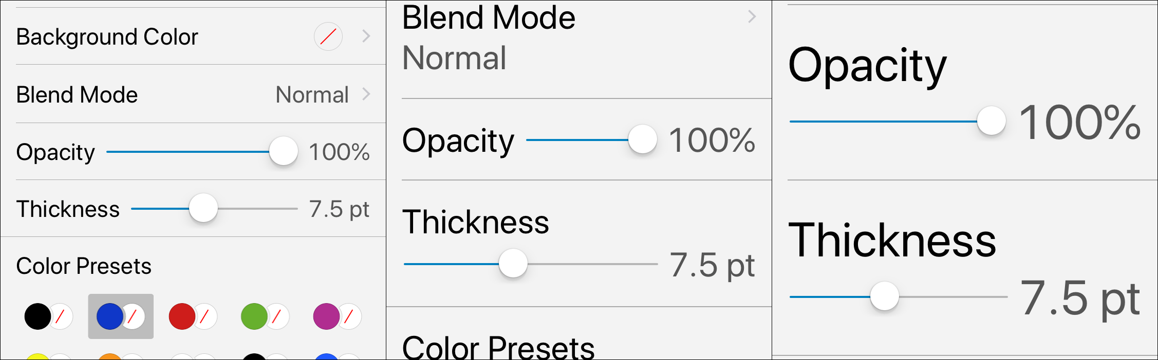 Screenshots of slider cells. At smaller text sizes, there’s a label on each side of the slider. At larger text sizes, a label appears on one line and then the slider and its value label appear below.