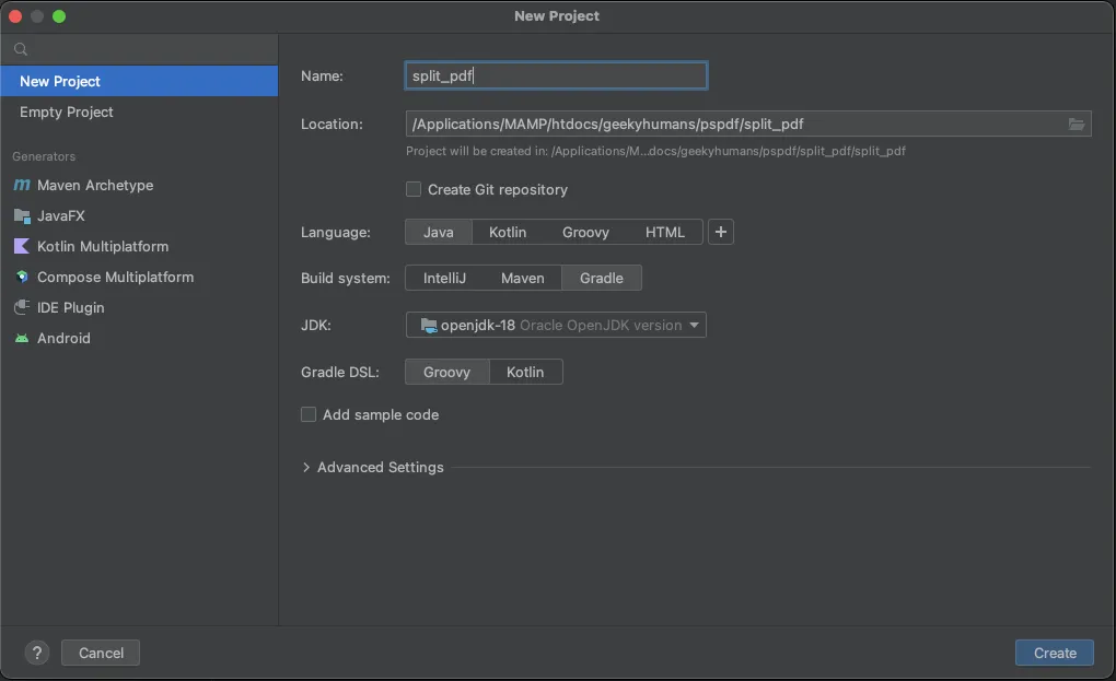 Split PDFs Java API Project Setup