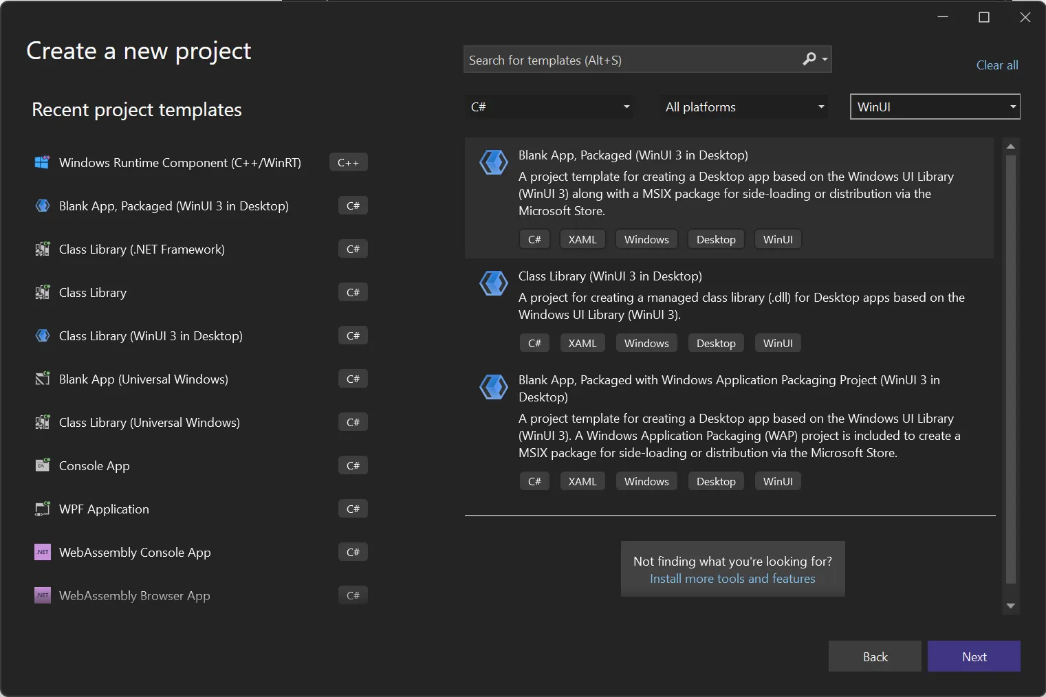 Create new project window