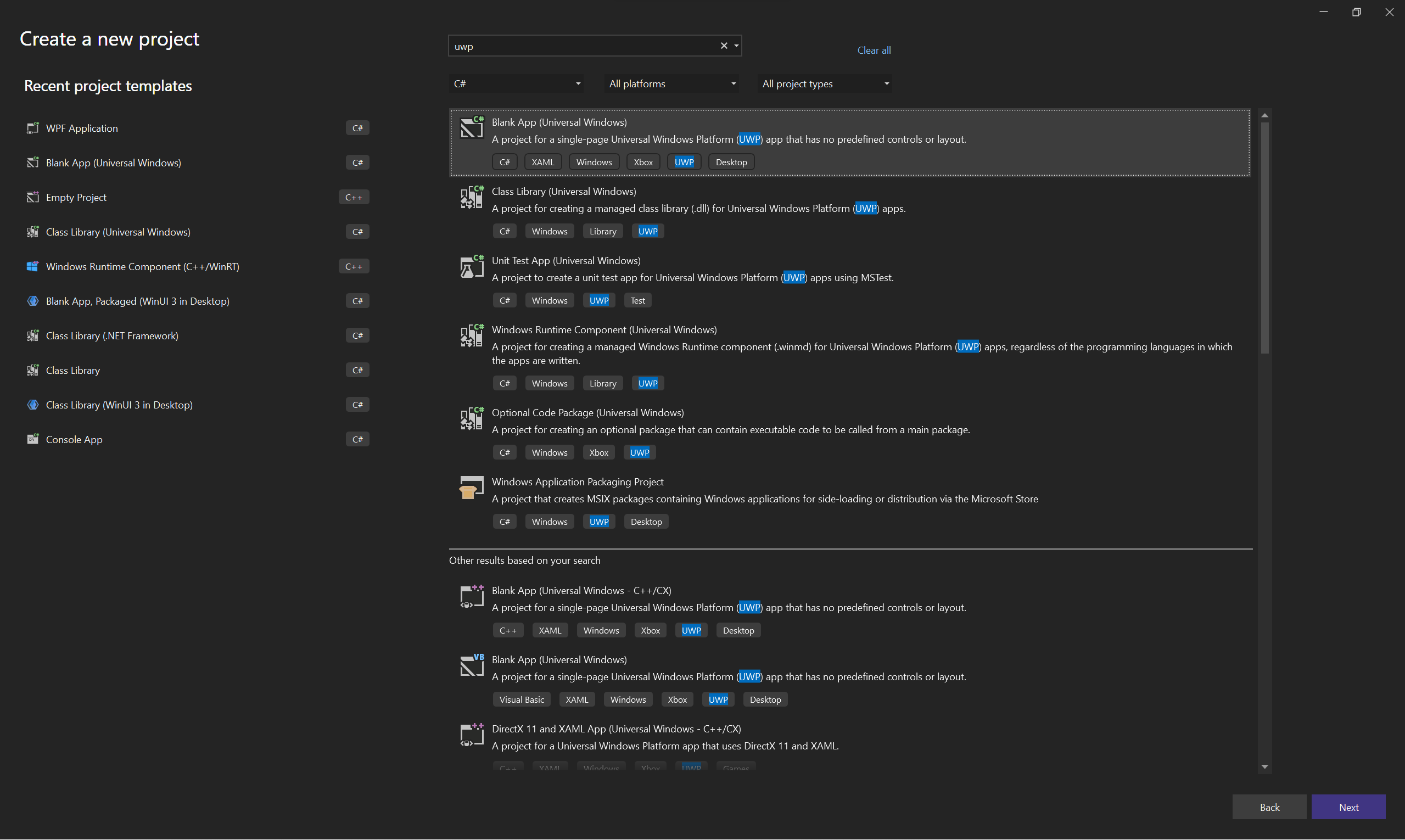 Visual Studio startup window