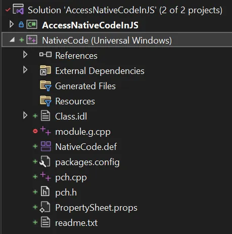 Solution tree after adding NativeCode project