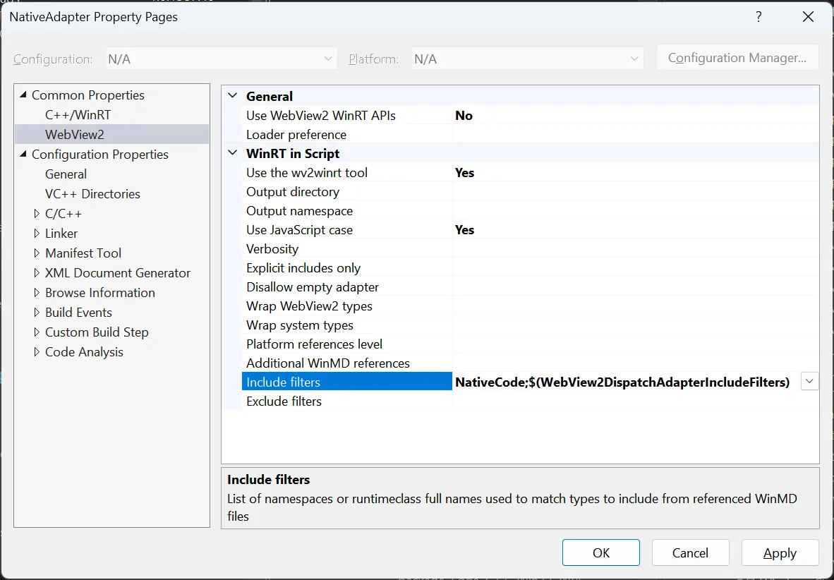 Native Adapter Property Pages dialog