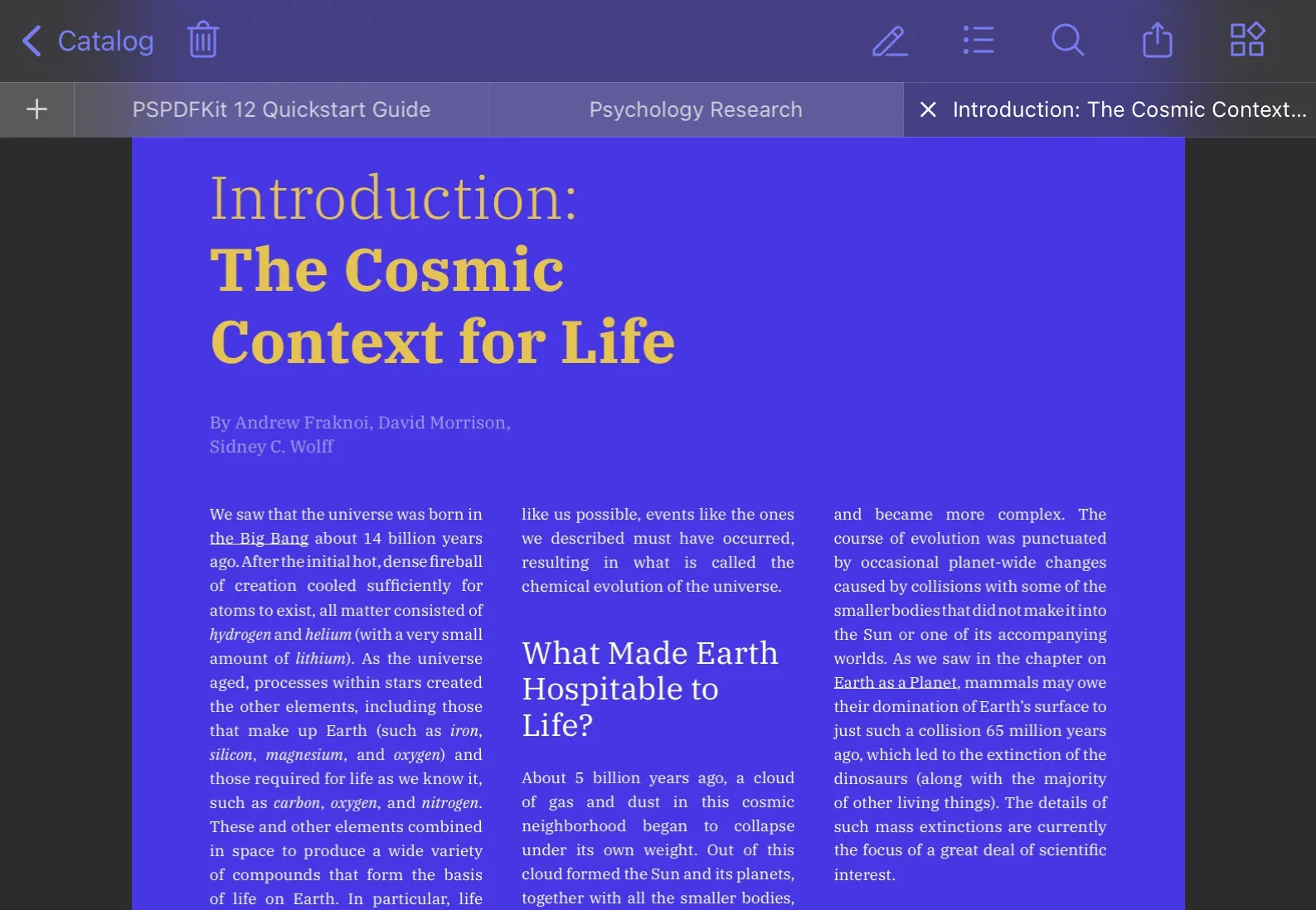 Electronic document showing a purple page titled ‘Introduction: The Cosmic Context for Life‘ with a top tab bar on a dark background