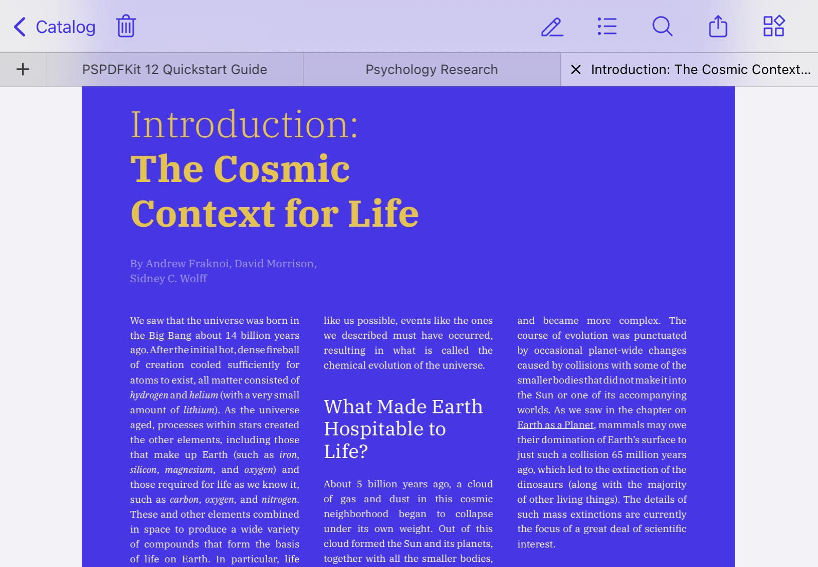 Electronic document showing a purple page titled ‘Introduction: The Cosmic Context for Life‘ with a top tab bar on a white background