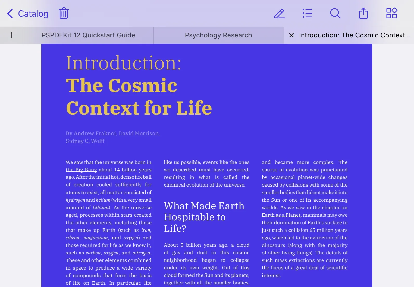 Electronic document showing a purple page titled ‘Introduction: The Cosmic Context for Life‘ with a top tab bar on a white background