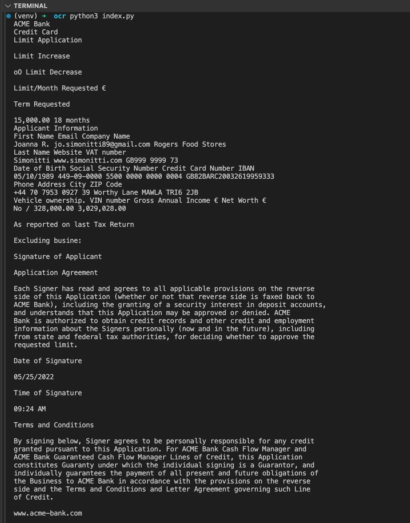 Terminal output showing the text Tesseract extracted from the sample image