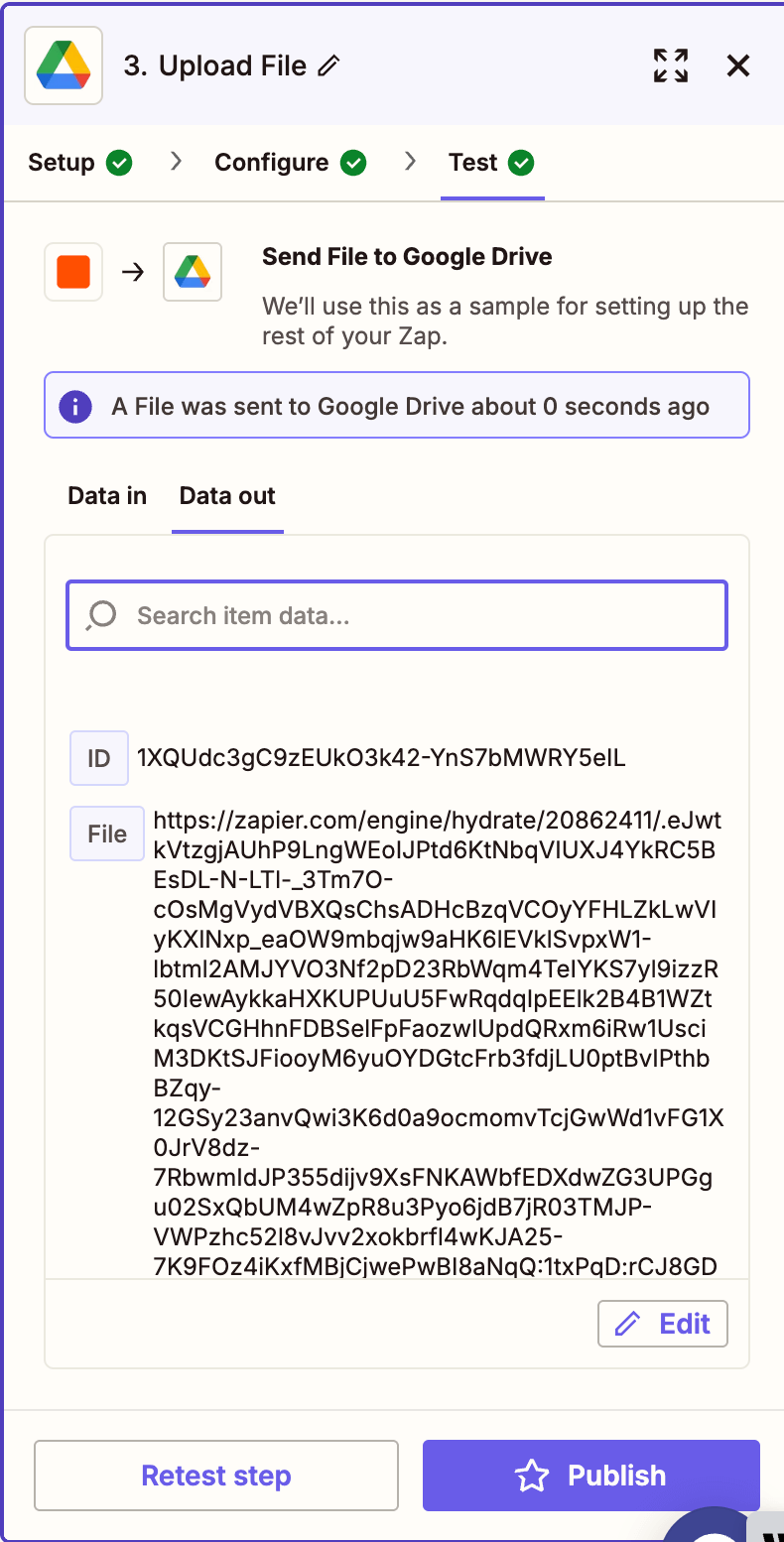 Test result showing successful upload of merged file