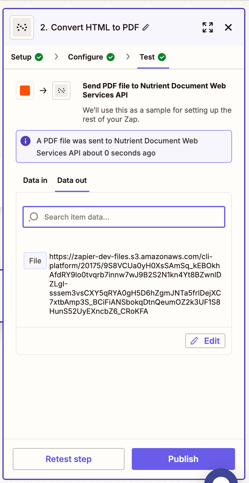 Zapier test result showing PDF successfully generated