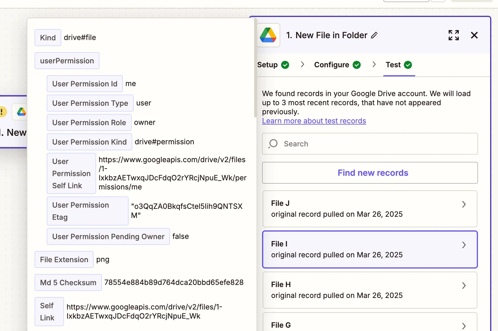Zapier test showing detected image file