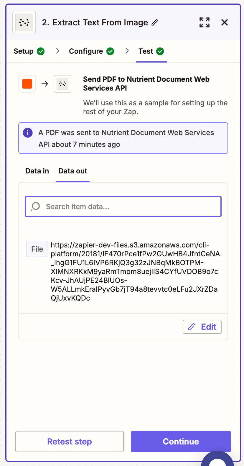 Test result showing successful text extraction