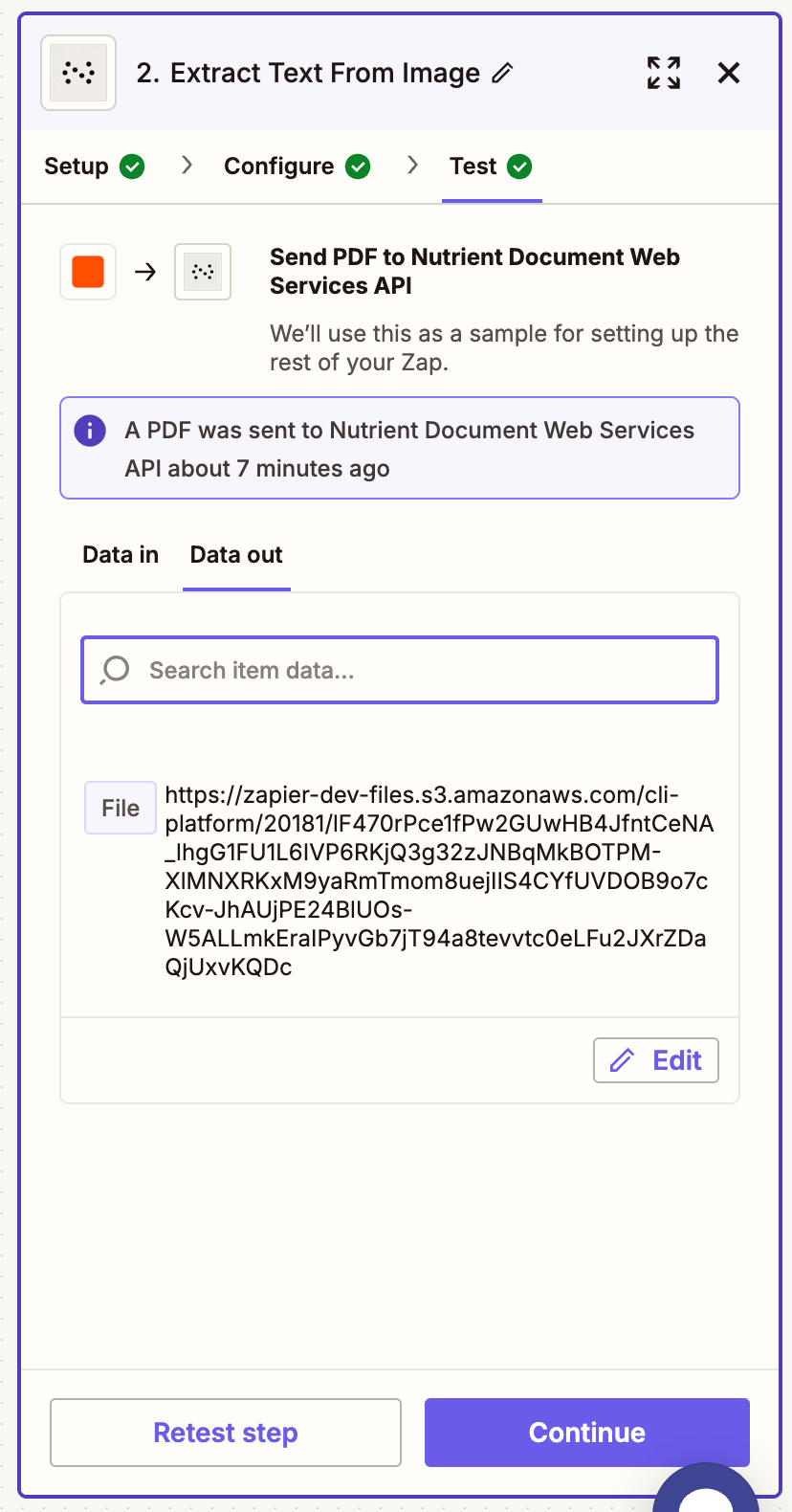Test result showing successful text extraction