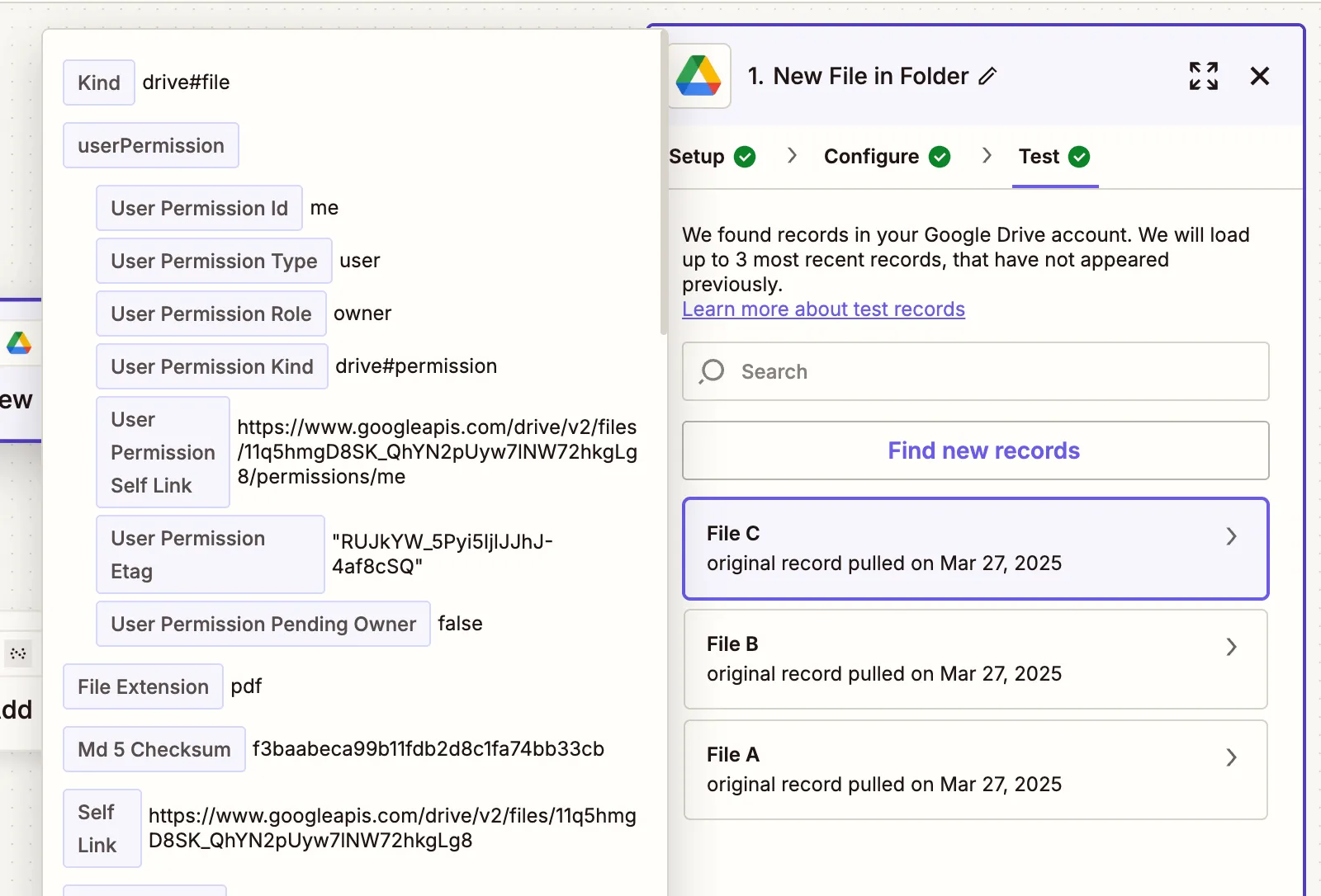 Successful trigger test showing sample PDF selected