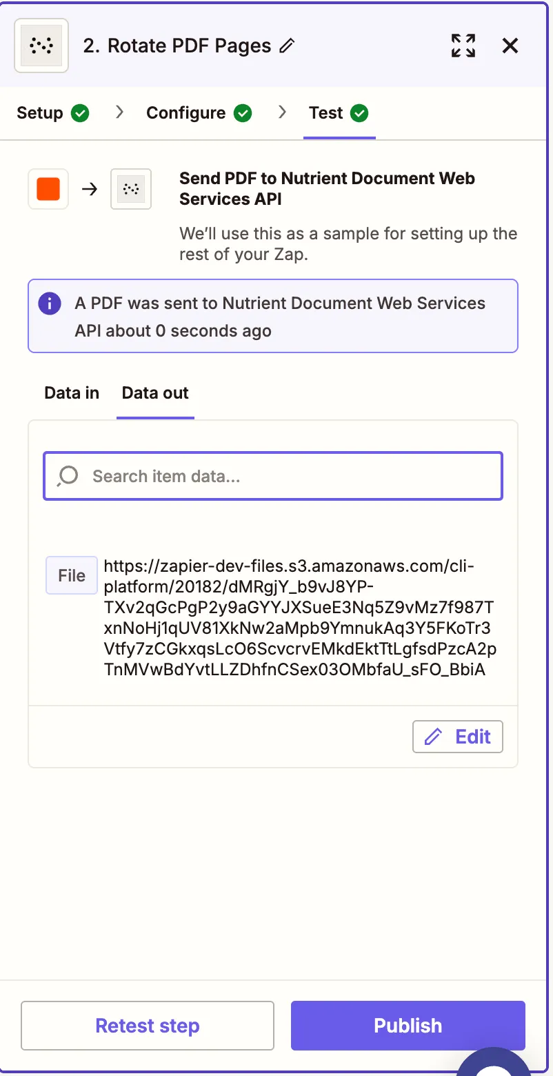 Test result showing successful PDF rotation