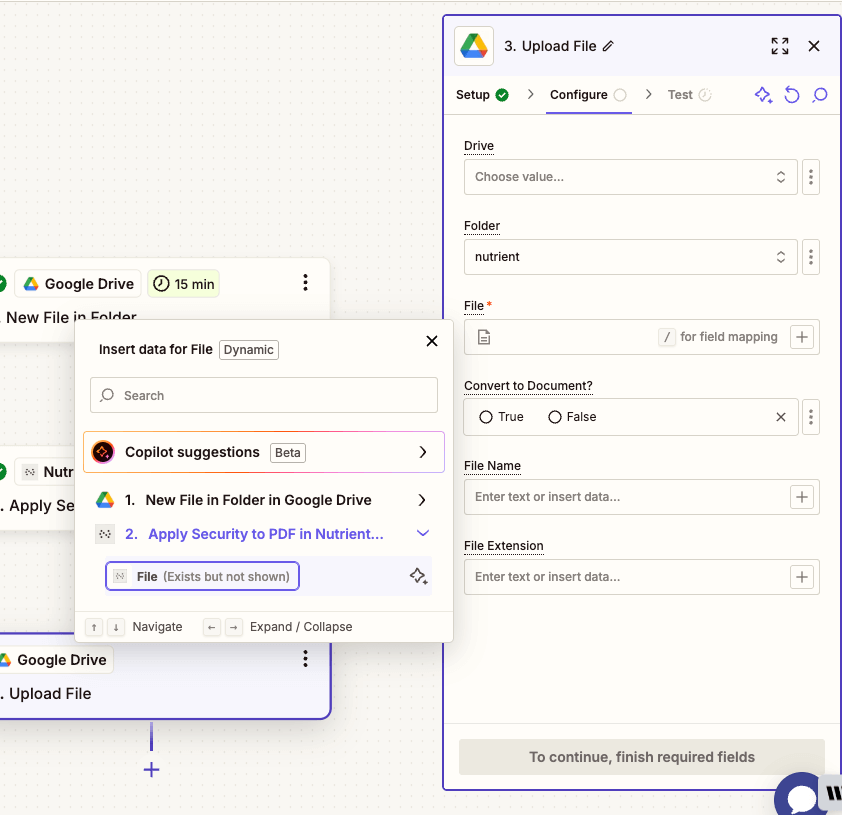 Map the secured PDF from the previous step to upload it to Drive
