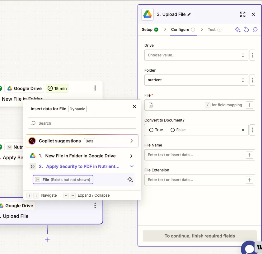 Map the secured PDF from the previous step to upload it to Drive