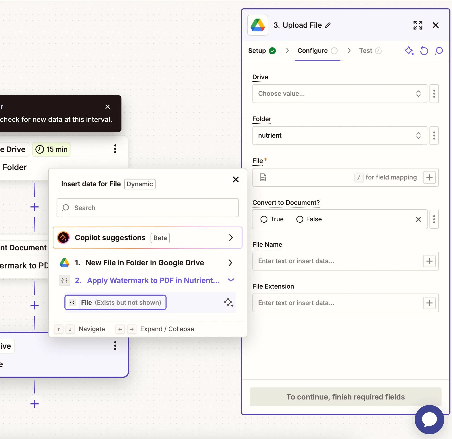 Map the output from the watermark step to upload back to Google Drive