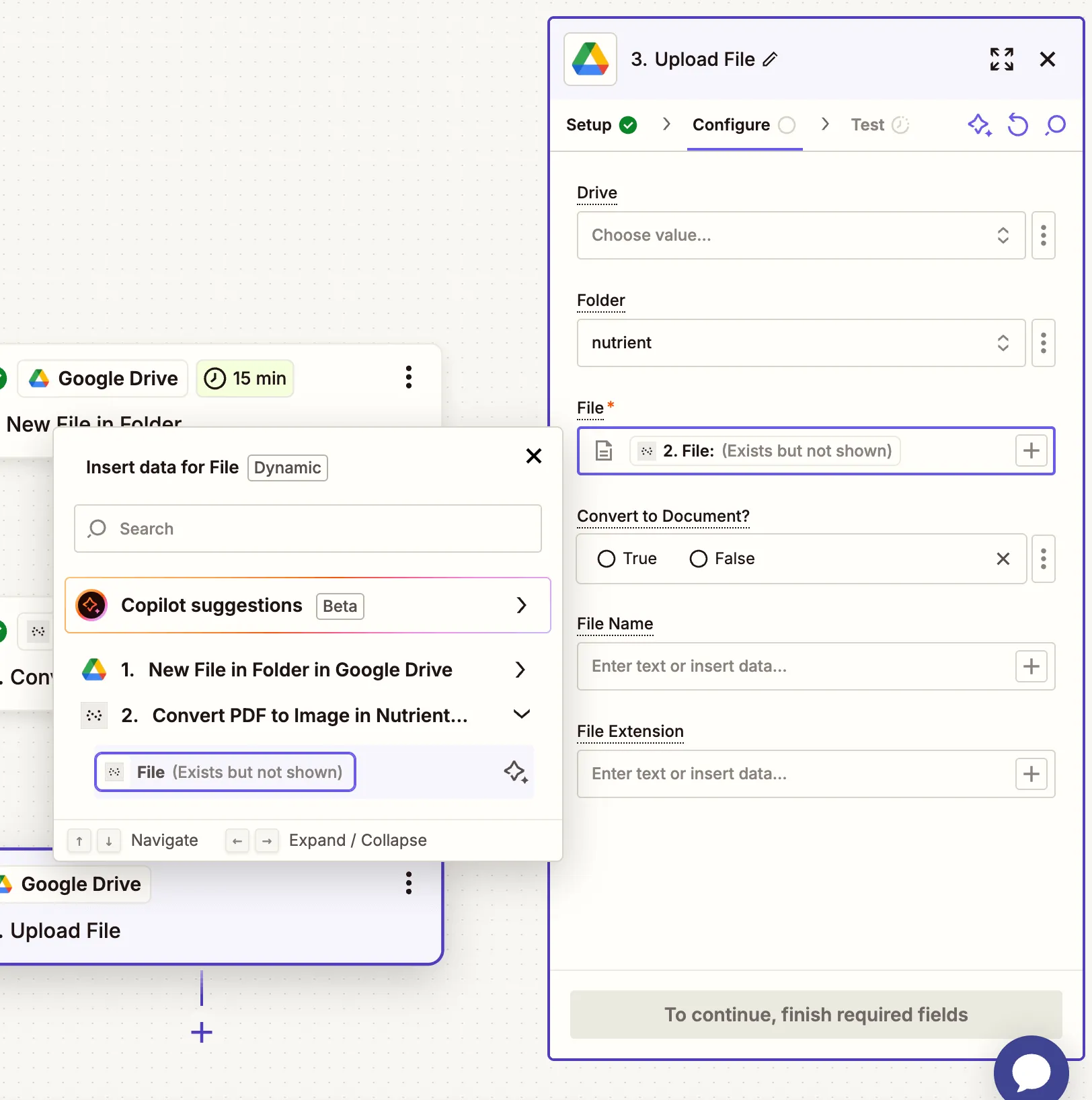 Map output from Nutrient step to upload destination
